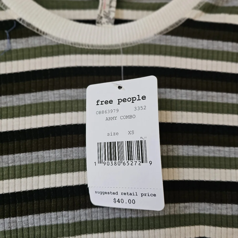 NWT Free People Good on You Army Green Stripe Round Hem Ribbed Tee Top